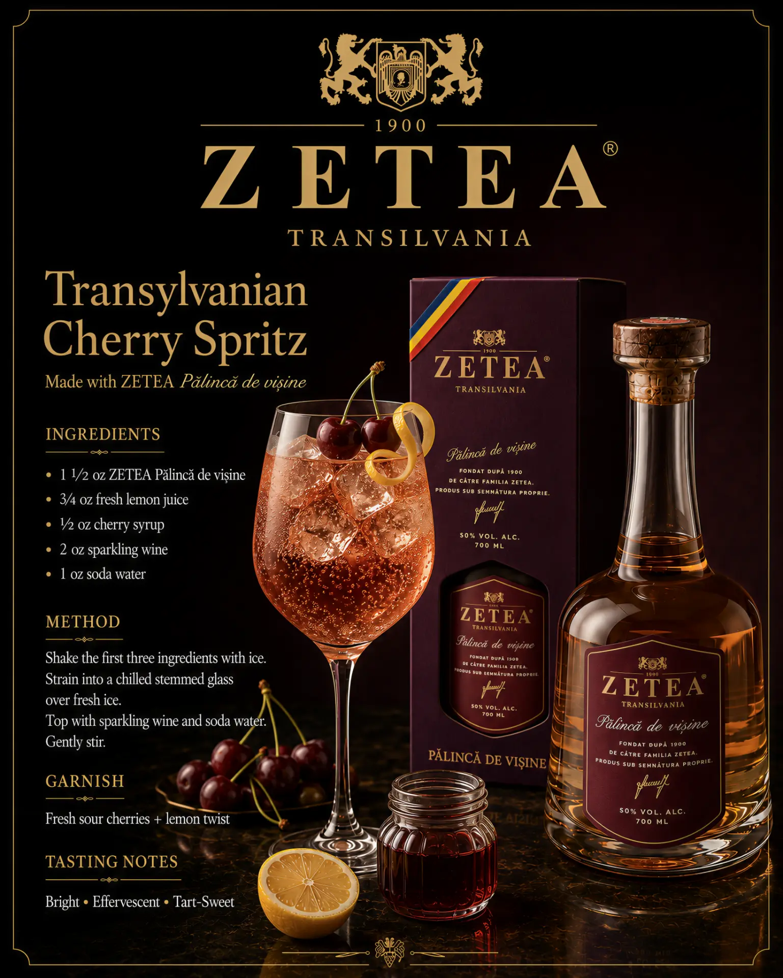 Transylvanian Cherry Spritz cocktail recipe made with ZETEA Pălincă de Vișine 50%