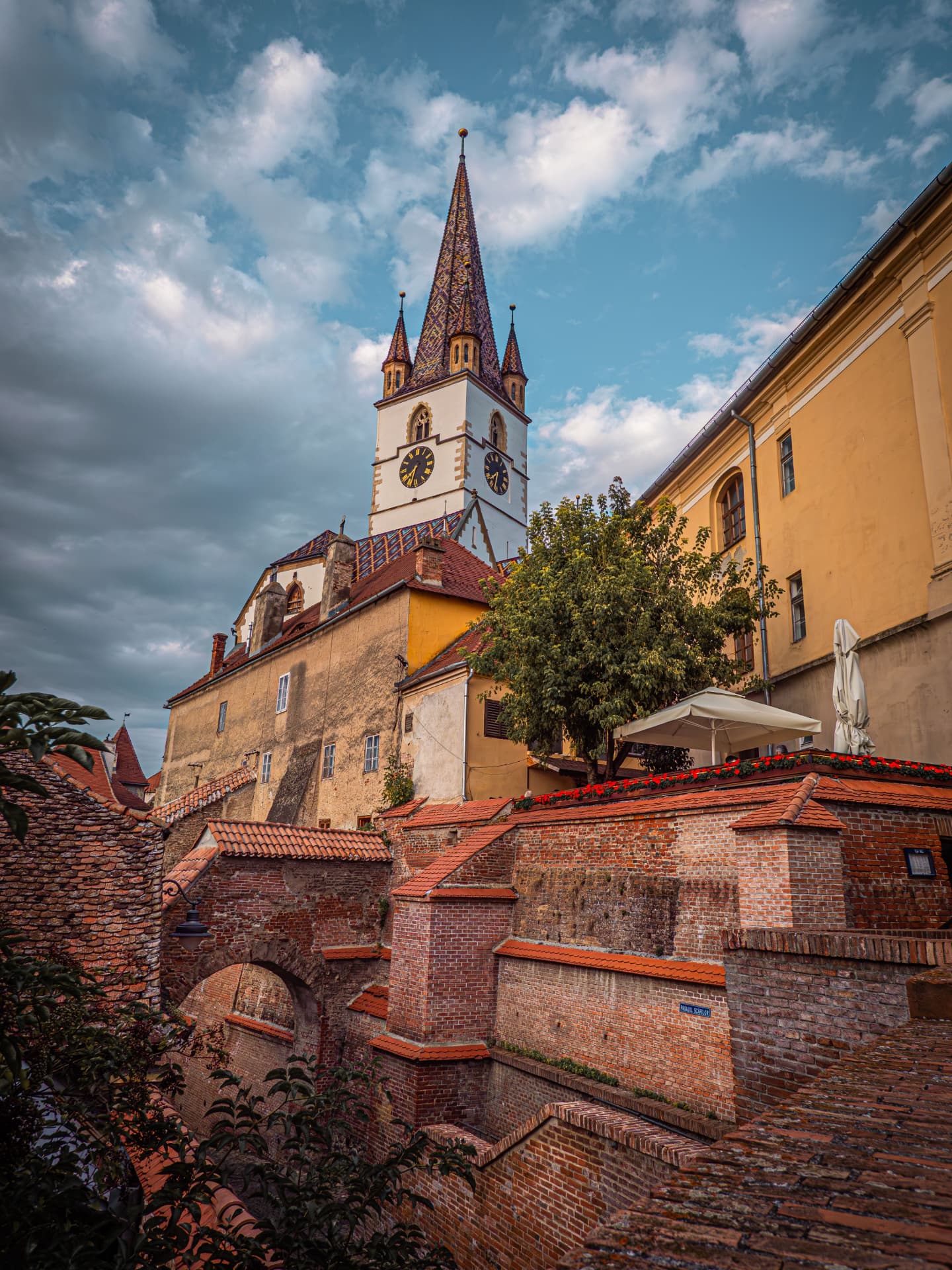 Evangelical Cathedral of Sibiu rising above medieval brick ramparts, southern Transylvania