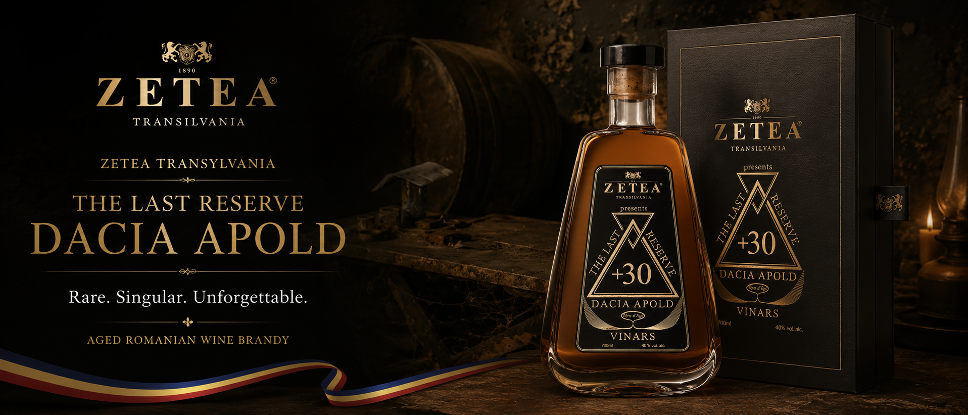 ZETEA Ultima Rezervă Dacia Apold — aged Romanian wine brandy presented in a candlelit cellar