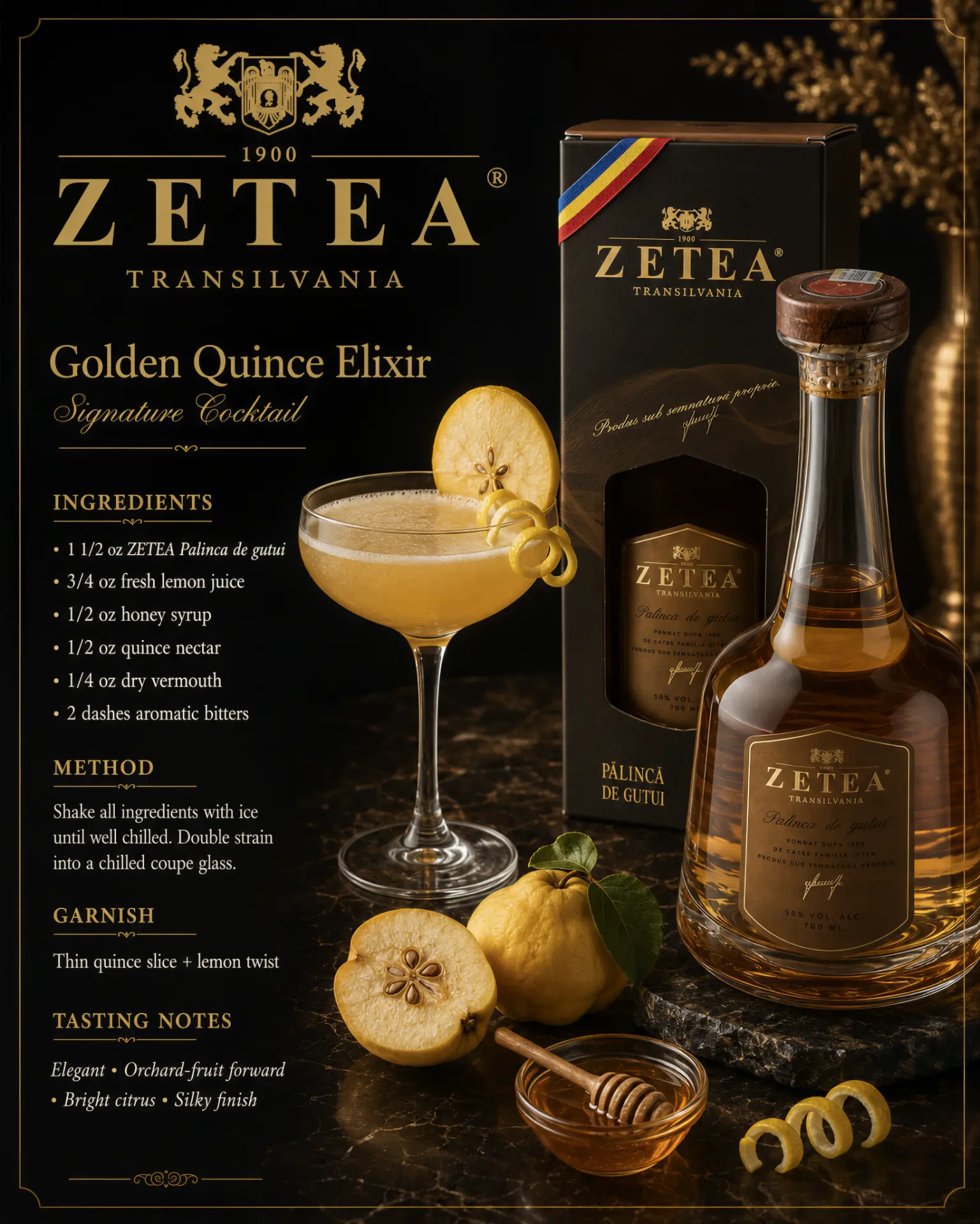 Golden Quince Elixir cocktail recipe made with ZETEA Pălincă de Gutui 50%
