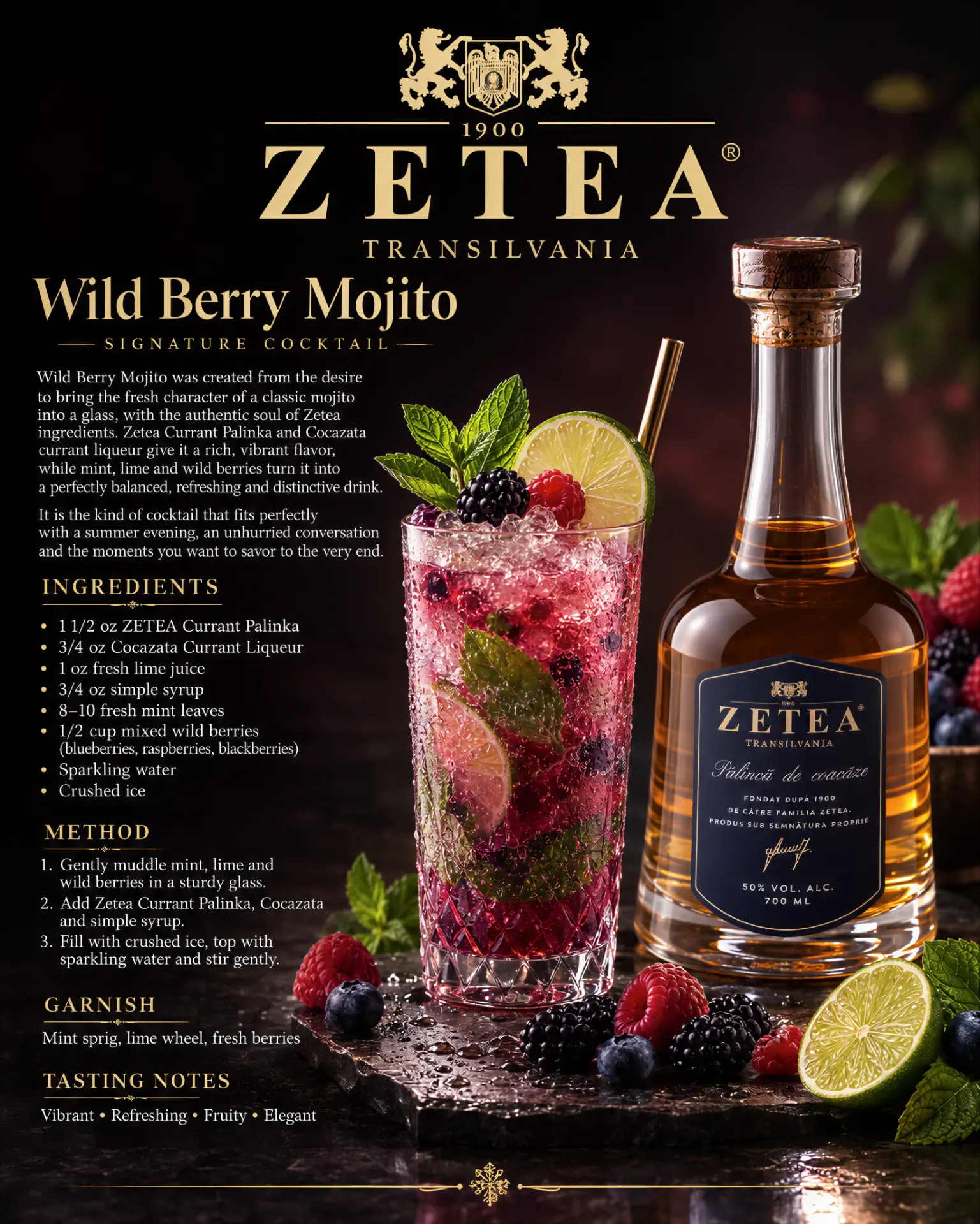 Wild Berry Mojito cocktail recipe made with ZETEA Pălincă de Coacăze 50%