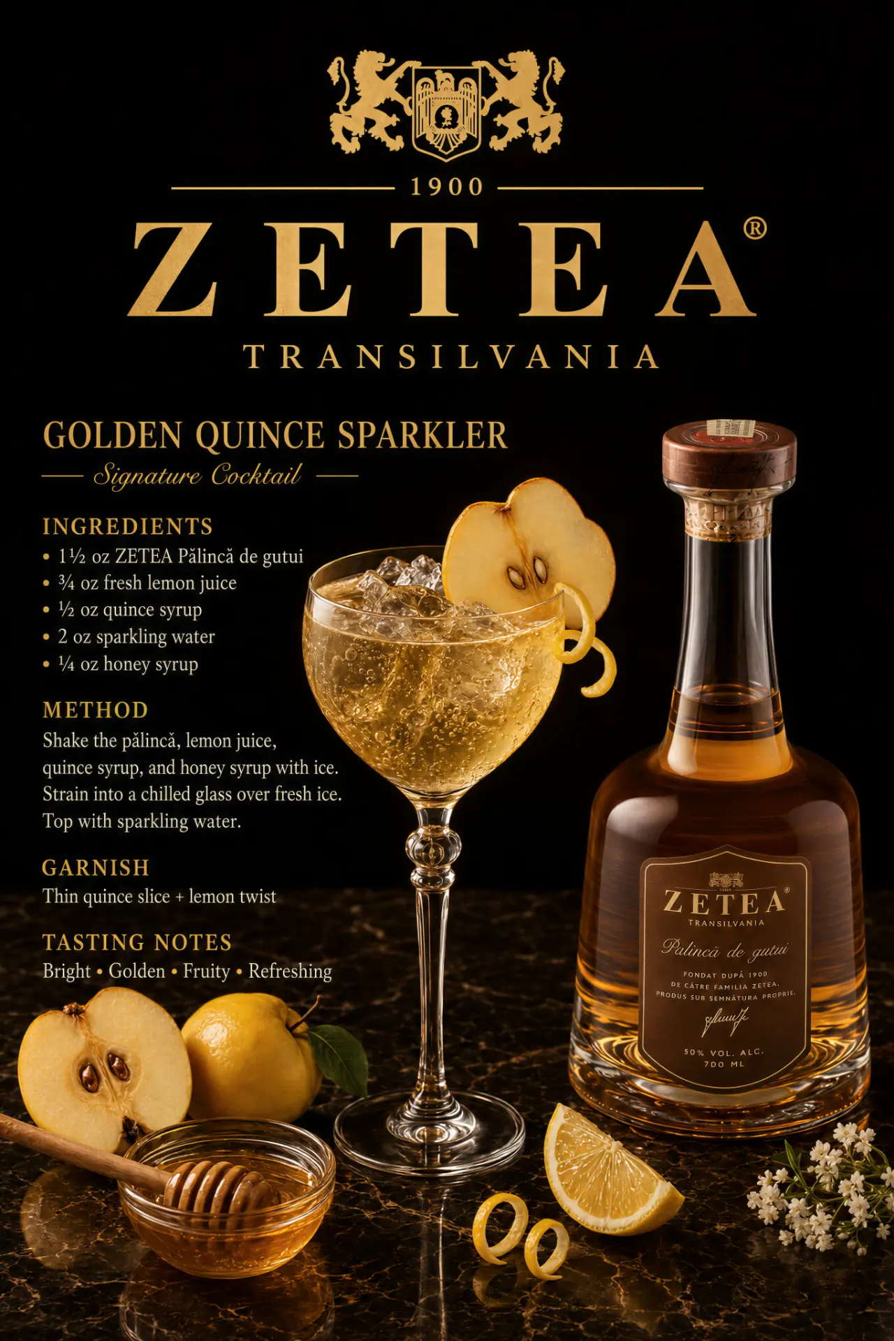 Golden Quince Sparkler cocktail recipe made with ZETEA Pălincă de Gutui 50%