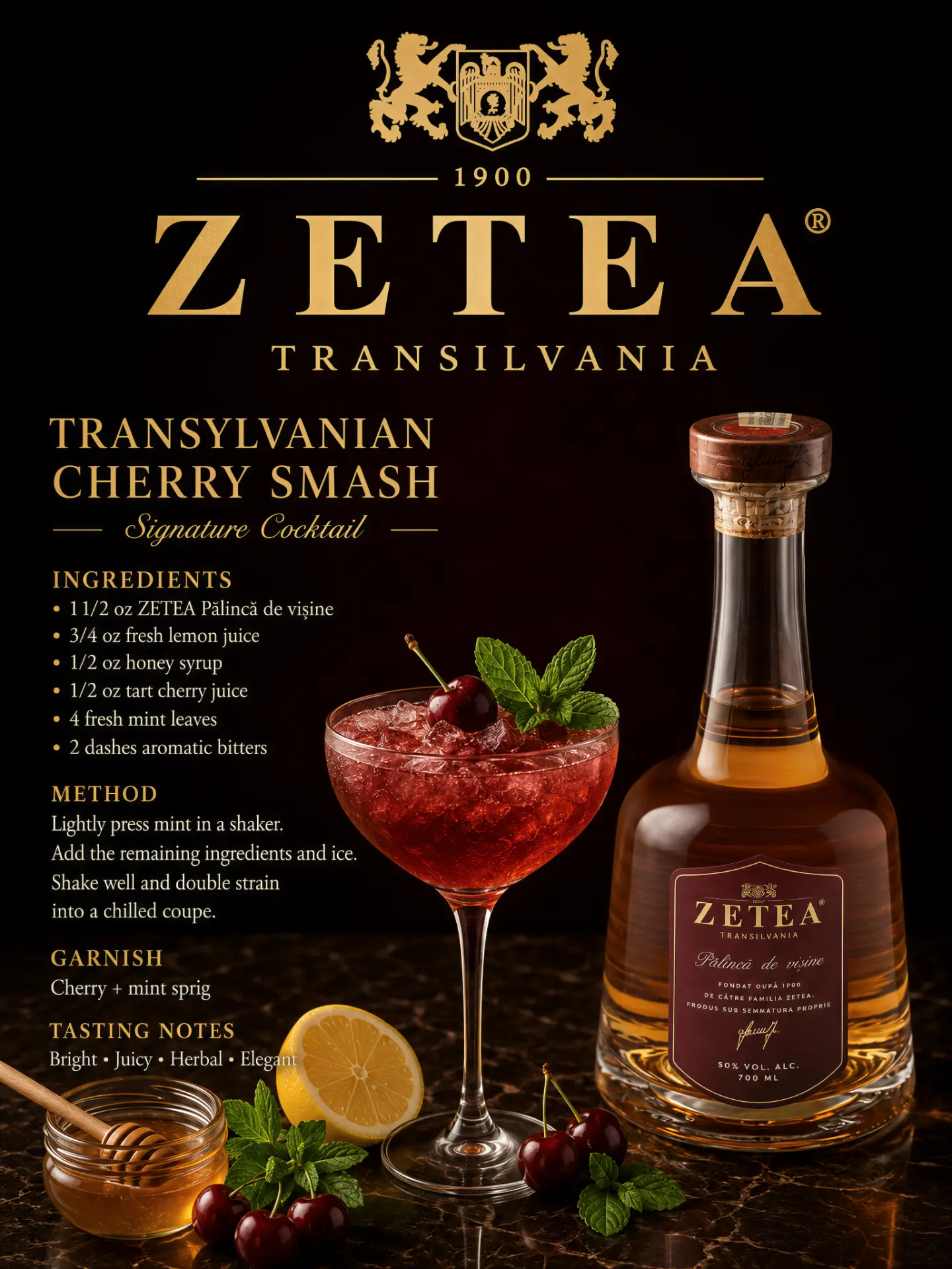 Transylvanian Cherry Smash cocktail recipe made with ZETEA Pălincă de Vișine 50%