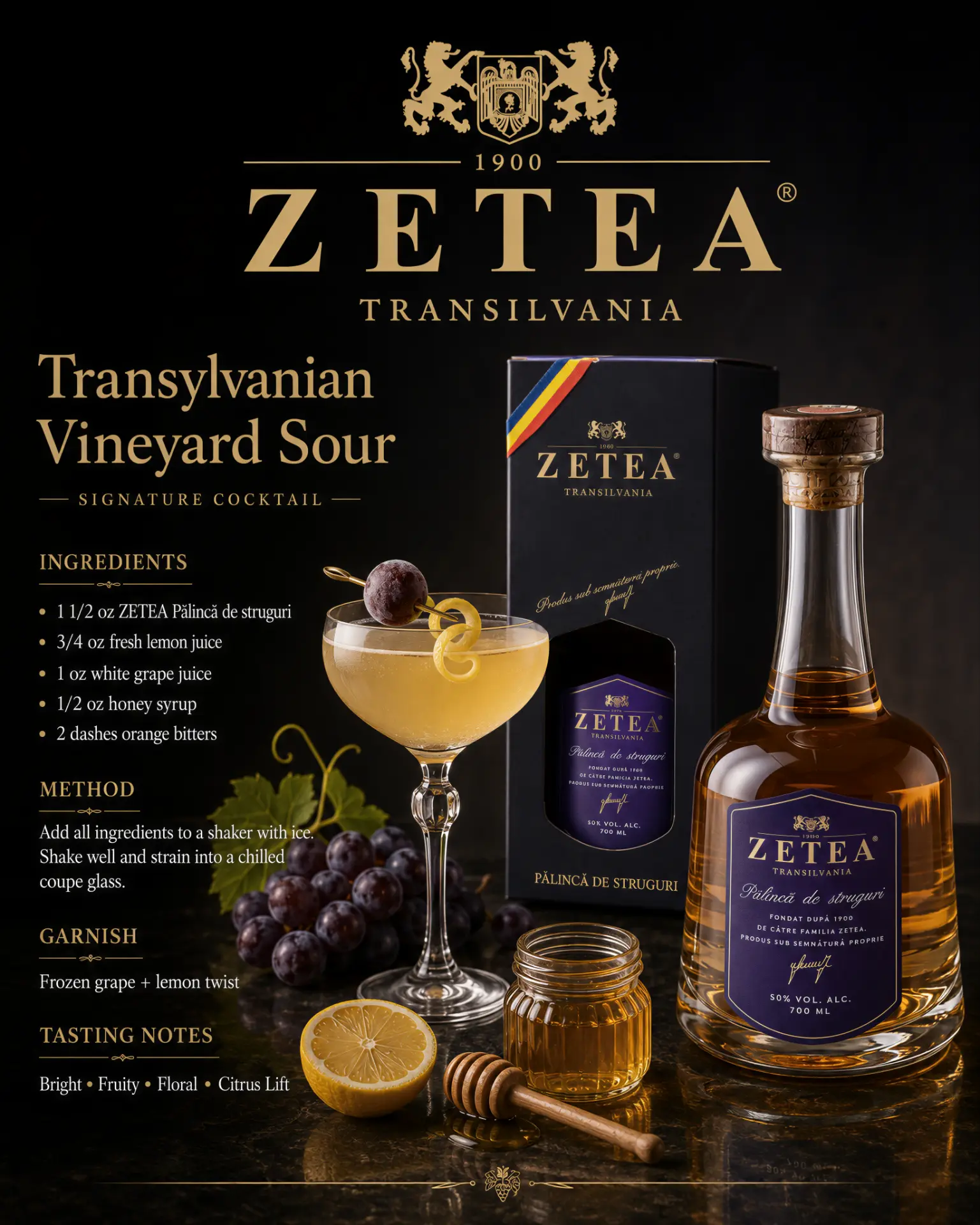Transylvanian Vineyard Sour cocktail recipe made with ZETEA Pălincă de Struguri 50%
