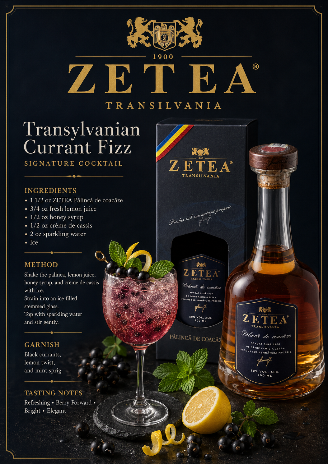 Transylvanian Currant Fizz cocktail recipe made with ZETEA Pălincă de Coacăze 50%