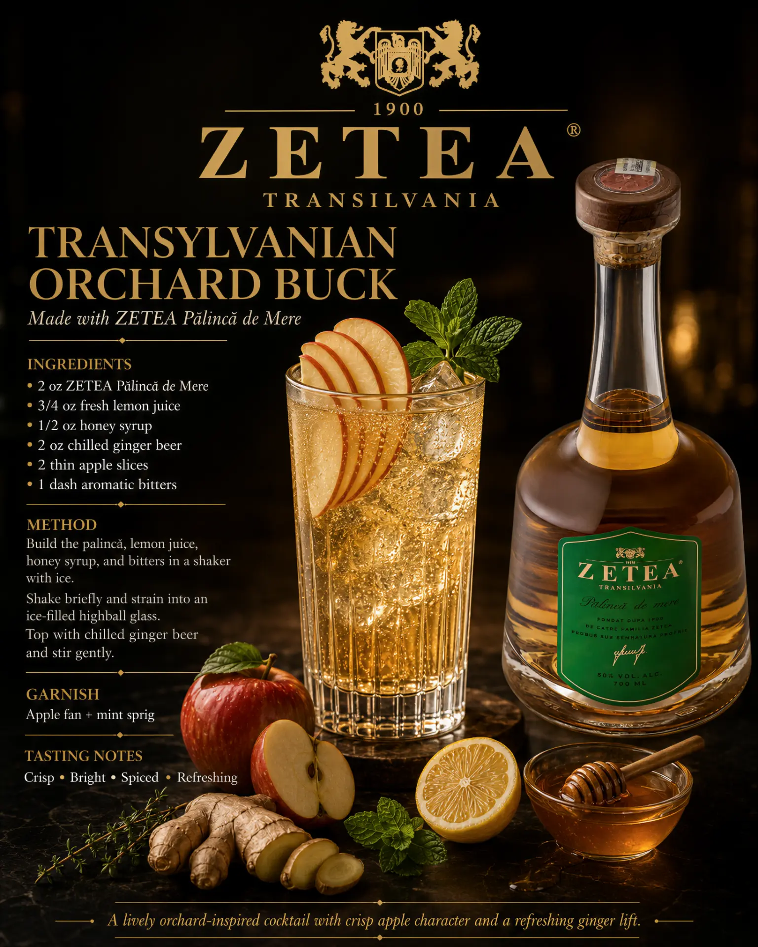Transylvanian Orchard Buck cocktail recipe made with ZETEA Pălincă de Mere 50%