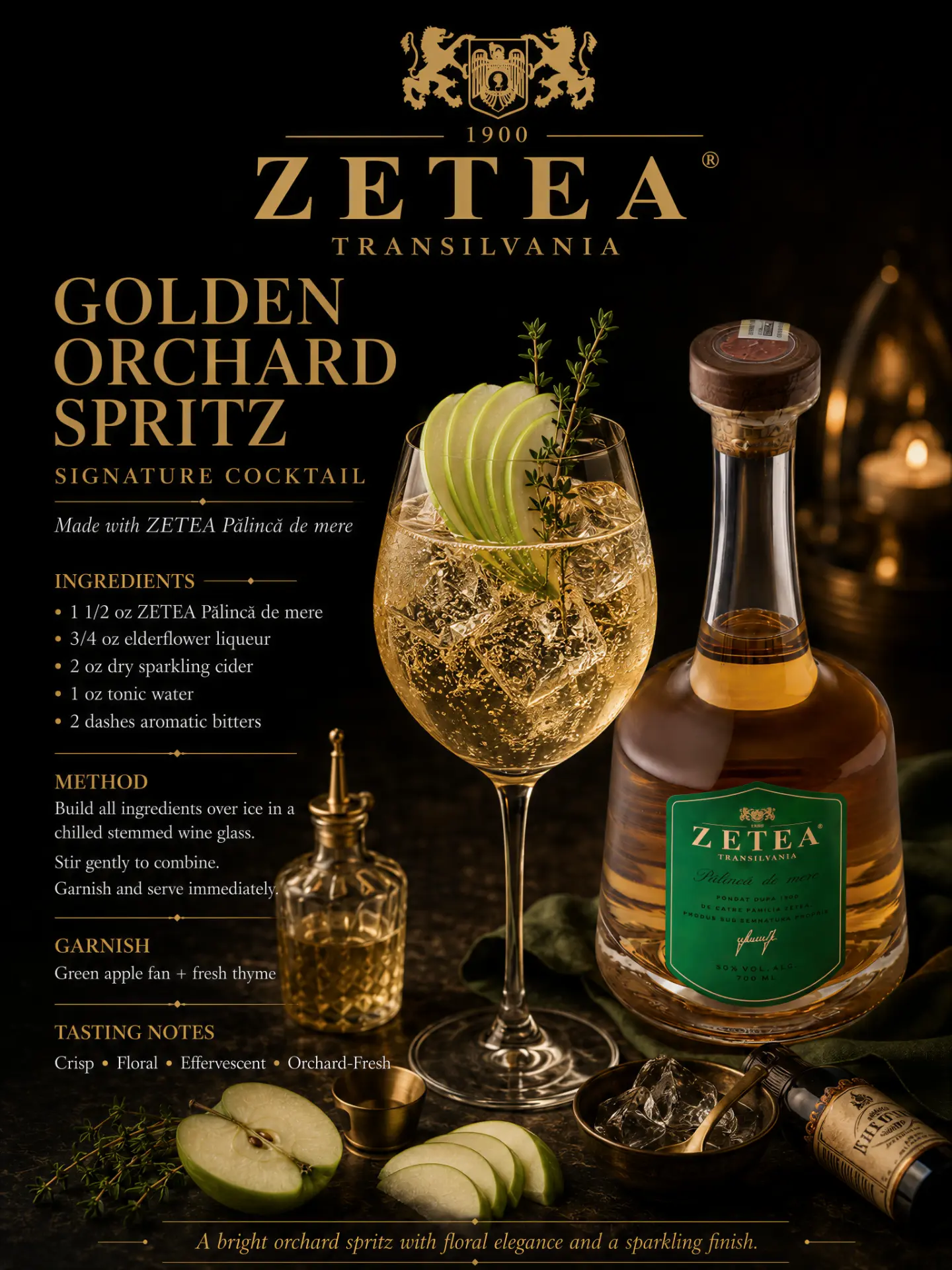 Golden Orchard Spritz cocktail recipe made with ZETEA Pălincă de Mere 50%