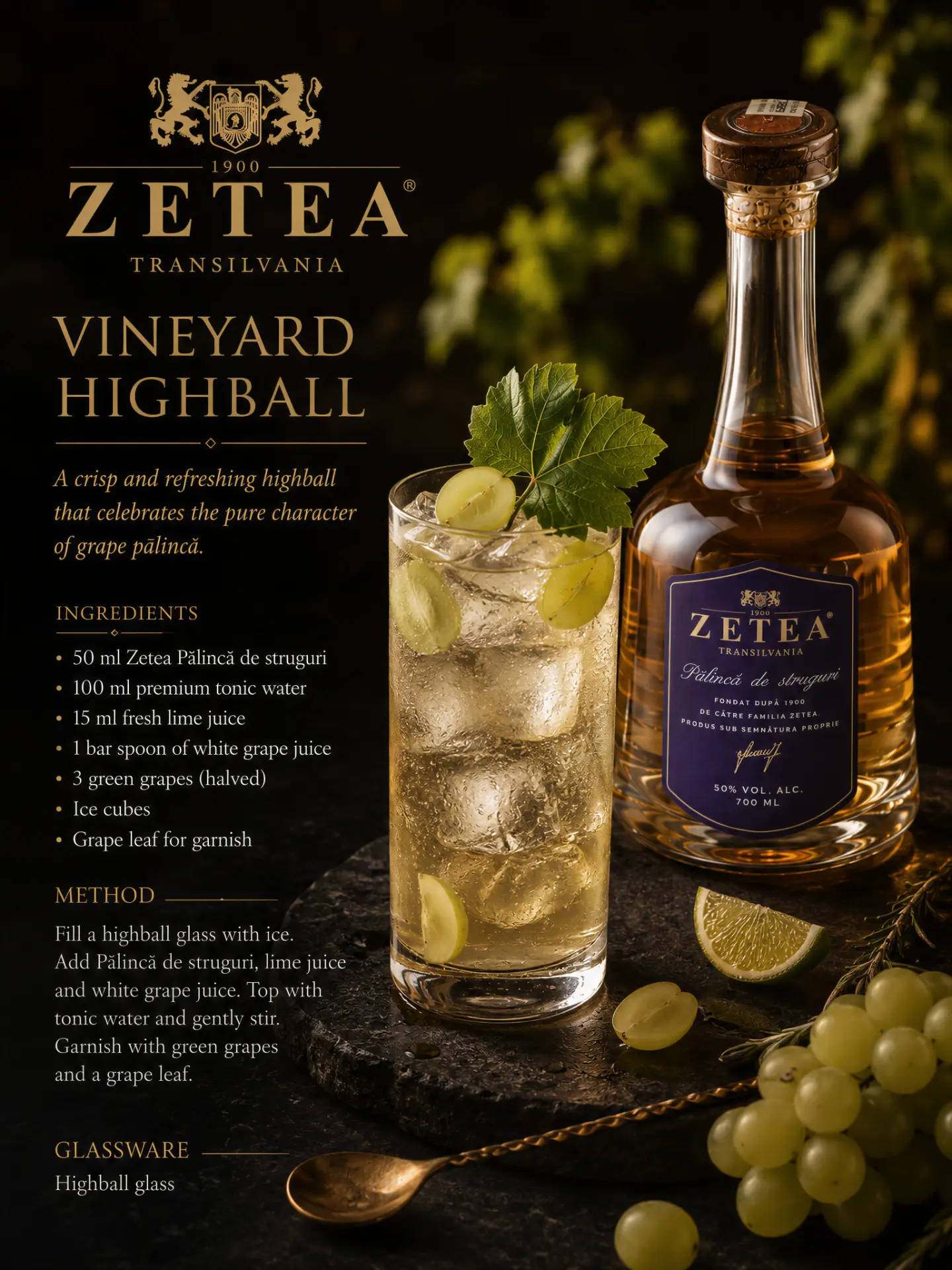 Vineyard Highball cocktail recipe made with ZETEA Pălincă de Struguri 50%