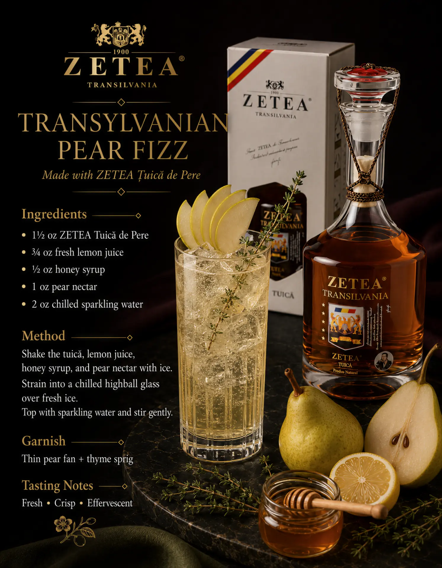 Transylvanian Pear Fizz recipe card made with ZETEA Țuică de Pere