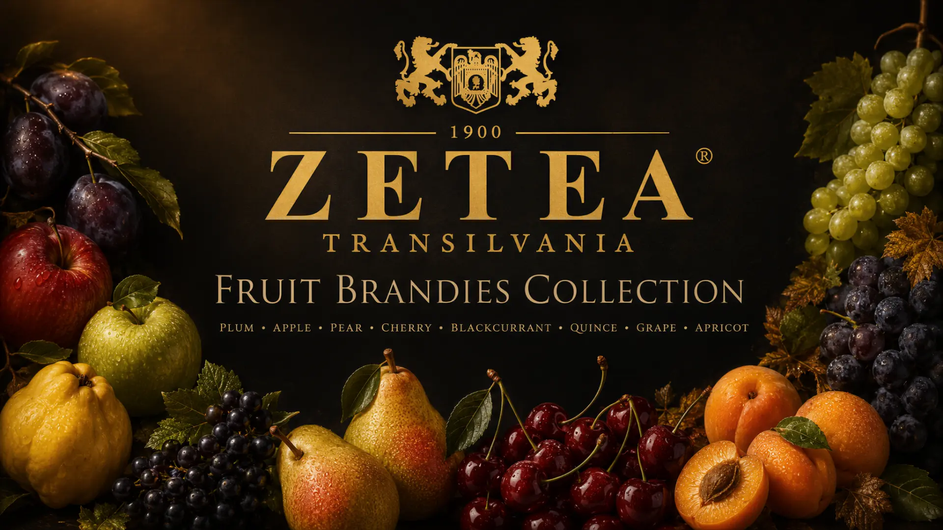 ZETEA Transilvania Fruit Brandies Collection — plum, apple, pear, cherry, blackcurrant, quince, grape and apricot