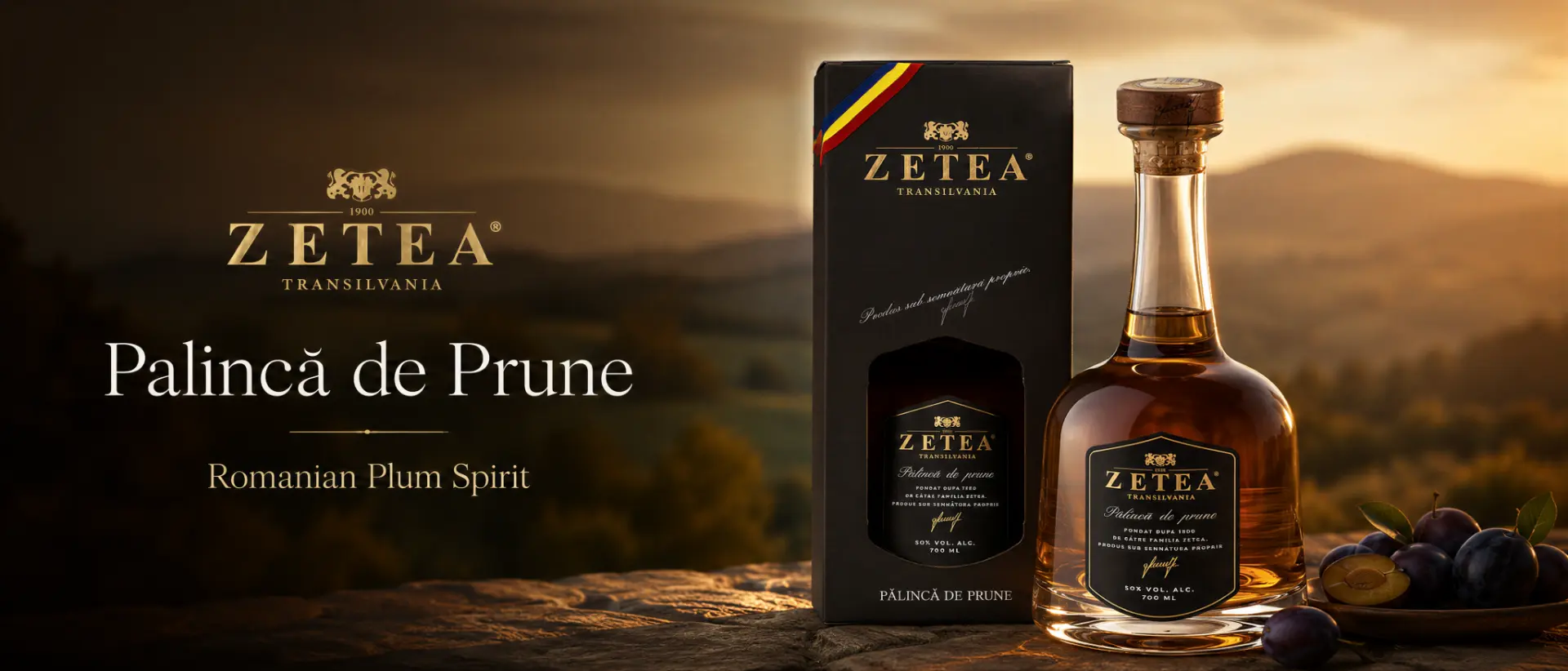 Pălincă de Prune 50% — ZETEA of Transilvania bottle and gift box